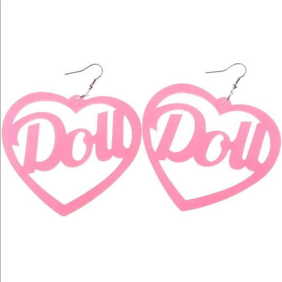 NWT “DOLL” Pink Acrylic Big Dangle Heart Sparkle Earrings Y2K Barbie Girly - Picture 5 of 5